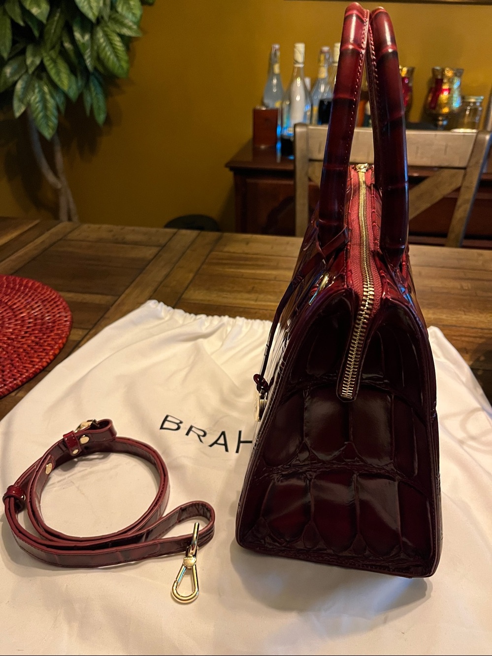 Brahmin Deep Burgundy Croc-Embossed Leather Satchel - Picture 6 of 11